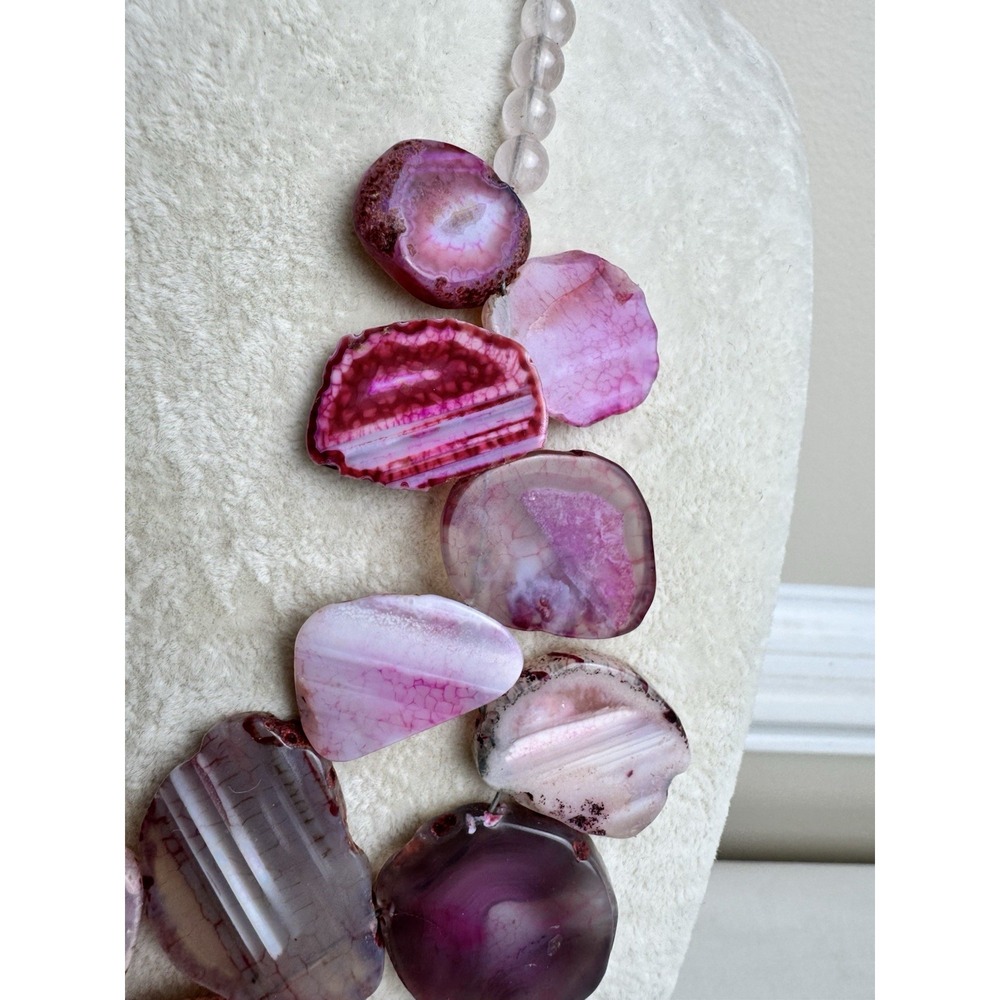 Pink Agate Slice Statement Bib Necklace Rose Quartz Beaded Boho Jewelry - Picture 5 of 12